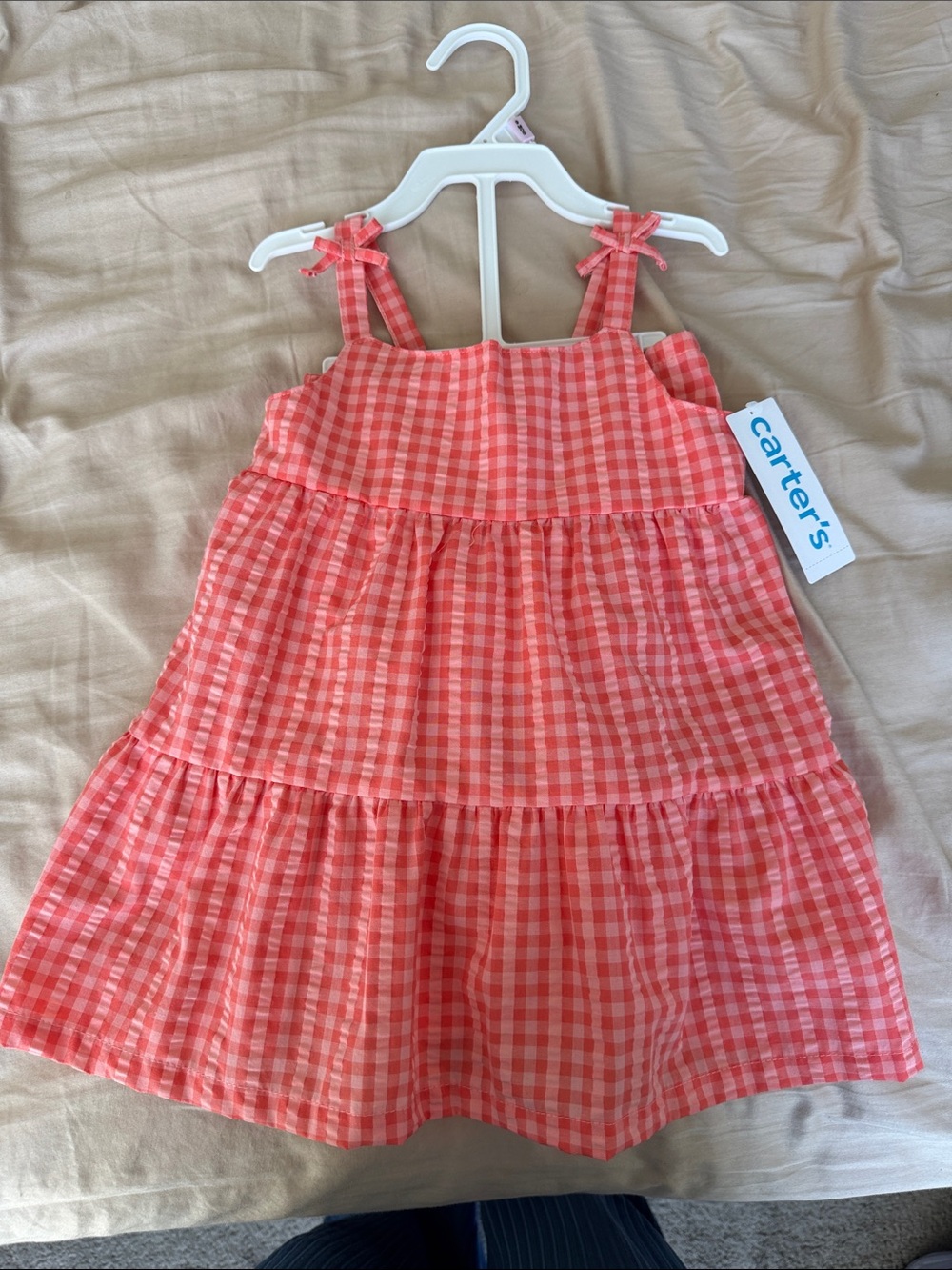 Carter's Coral Pink Gingham Tiered Dress with Bow Straps